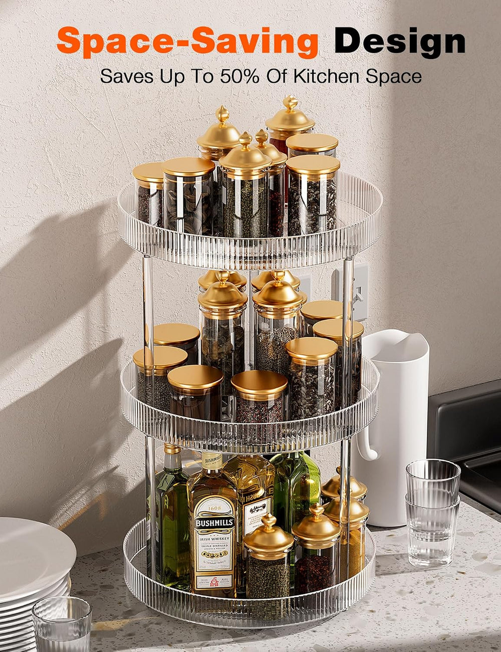 3 Tier Lazy Susan Bathroom Countertop Organizer, 360° Clear Rotating Makeup C...