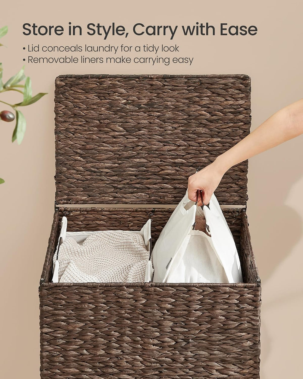 SONGMICS Laundry Hamper With Lid, 130 L Wicker Handwoven Water Hyacinth