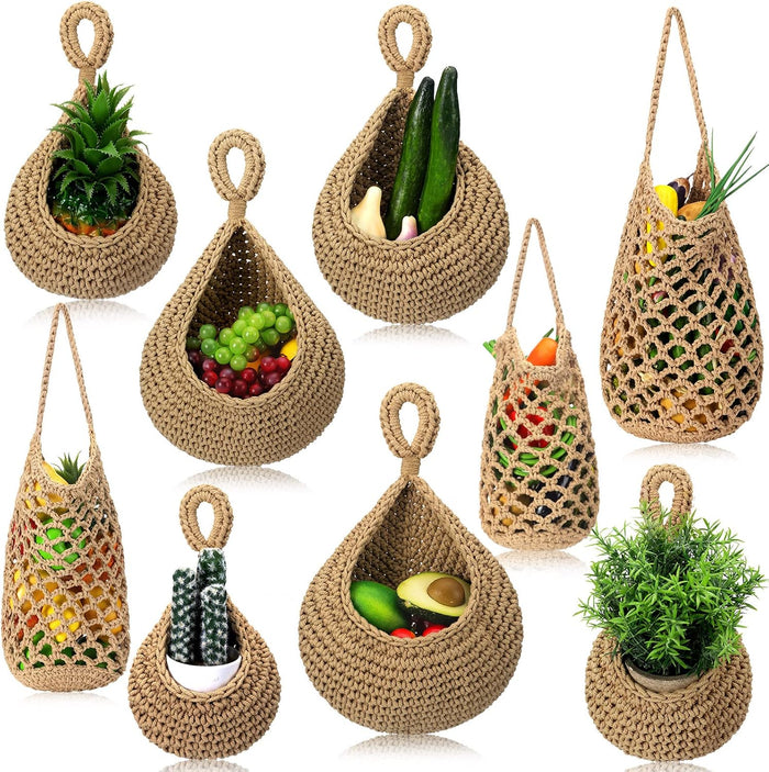 9 Pcs Jute Fruit Hanging Baskets for Kitchen, Boho Woven Wall Baskets, Produce Storage for Garlic Onion Potato Banana, Space Saving Farmhouse Kitchen Decor (Brown)(Brown)