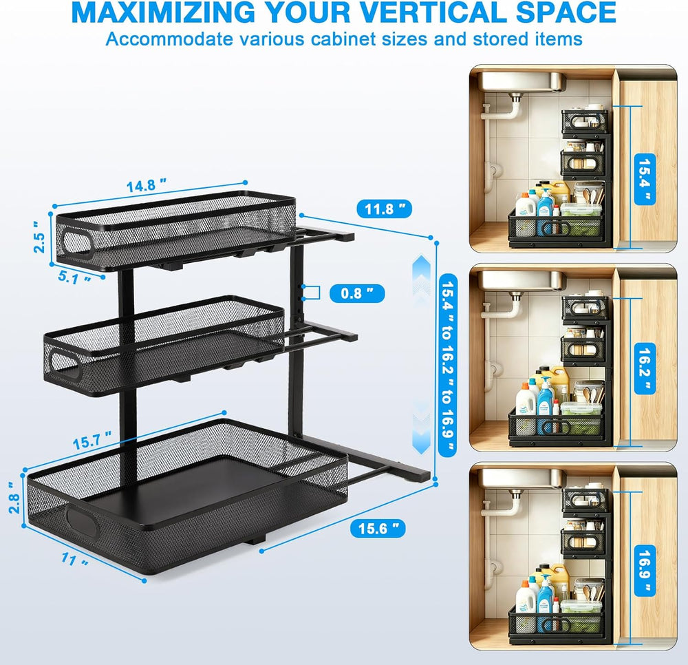 Under Sink Organizer,3-Tier Thickened Metal Pull out Cabinet OrganizerShelf