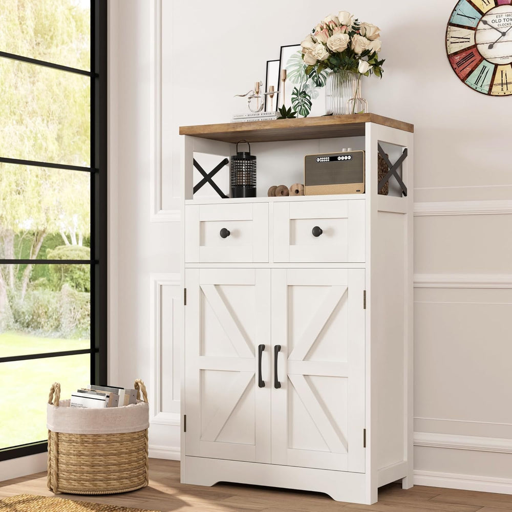 Farmhouse Storage Cabinet with Drawers, Small Kitchen Pantry Cabinet, White