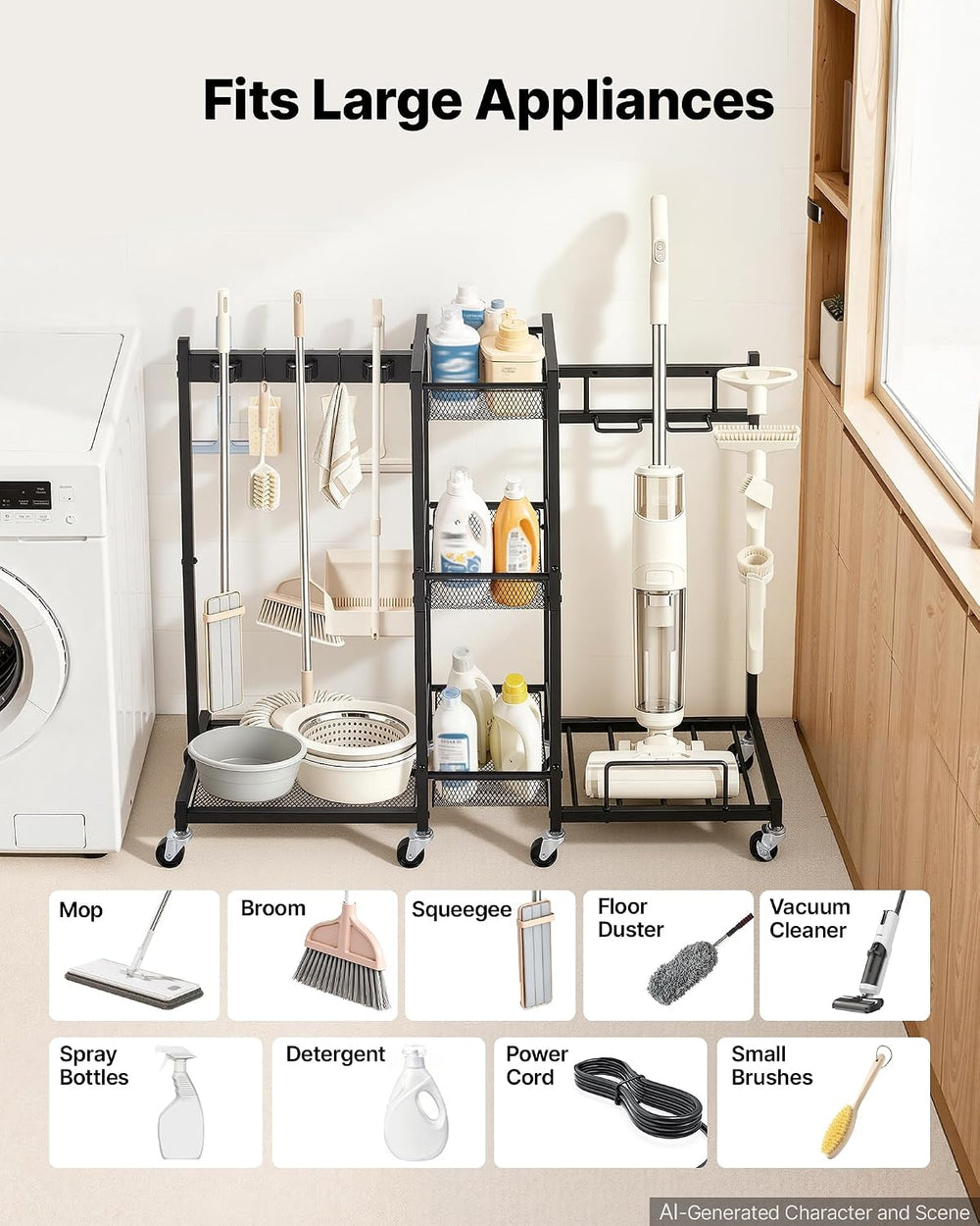 VEVOR Broom Holder with Cleaning Supplies Organizer, Metal Garage Storage
