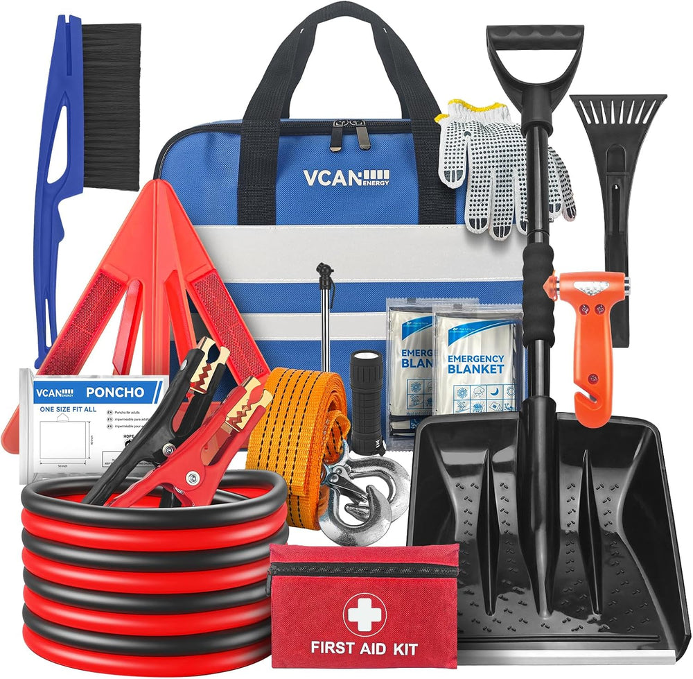 VCANENERGY Car Emergency Kit with Jumper Cable, First Aid Kit, Winter Travel ...