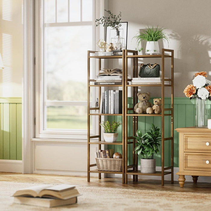 HITNET Bamboo Book Shelf, Tall Narrow Bookcase, Bathroom Shelving Unit 5 Tier Floor Standing Adjustable Bookshelf for Small Spaces, Walnut