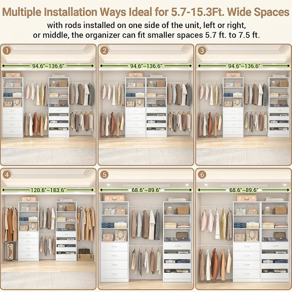 Aheaplus Closet System, 6-15Ft Closet Organizer with 8 Wooden Drawers,White