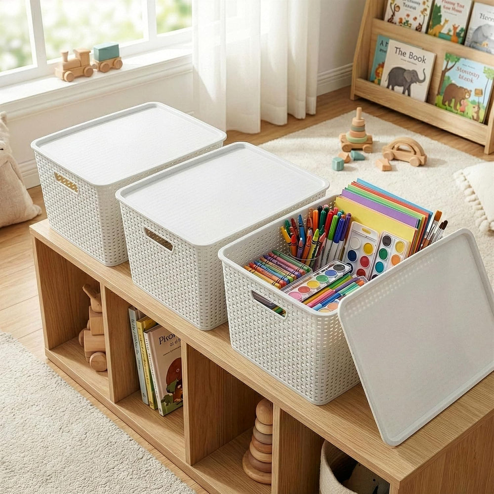 BINO | Plastic Storage Baskets with Lids, 45 Liter - 3 Pack, White | THE WOVE...