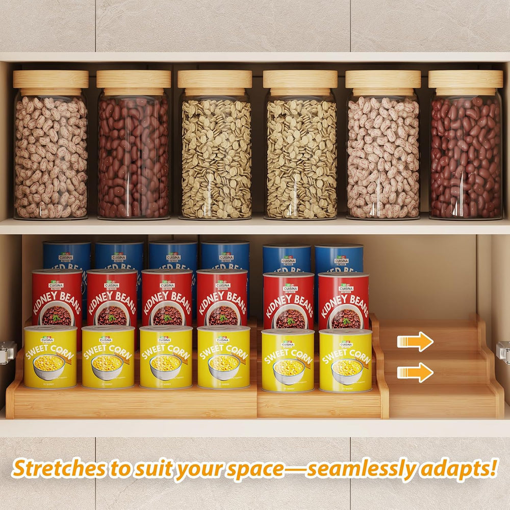 Expandable Bamboo Can Rack Organizer for Pantry, 3-Tier Adjustable Can Storag...