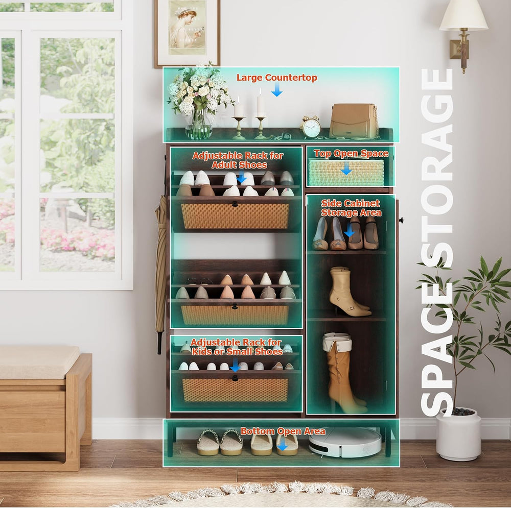 GarveeHome Shoe Cabinet Rattan with 3 Flip Drawers