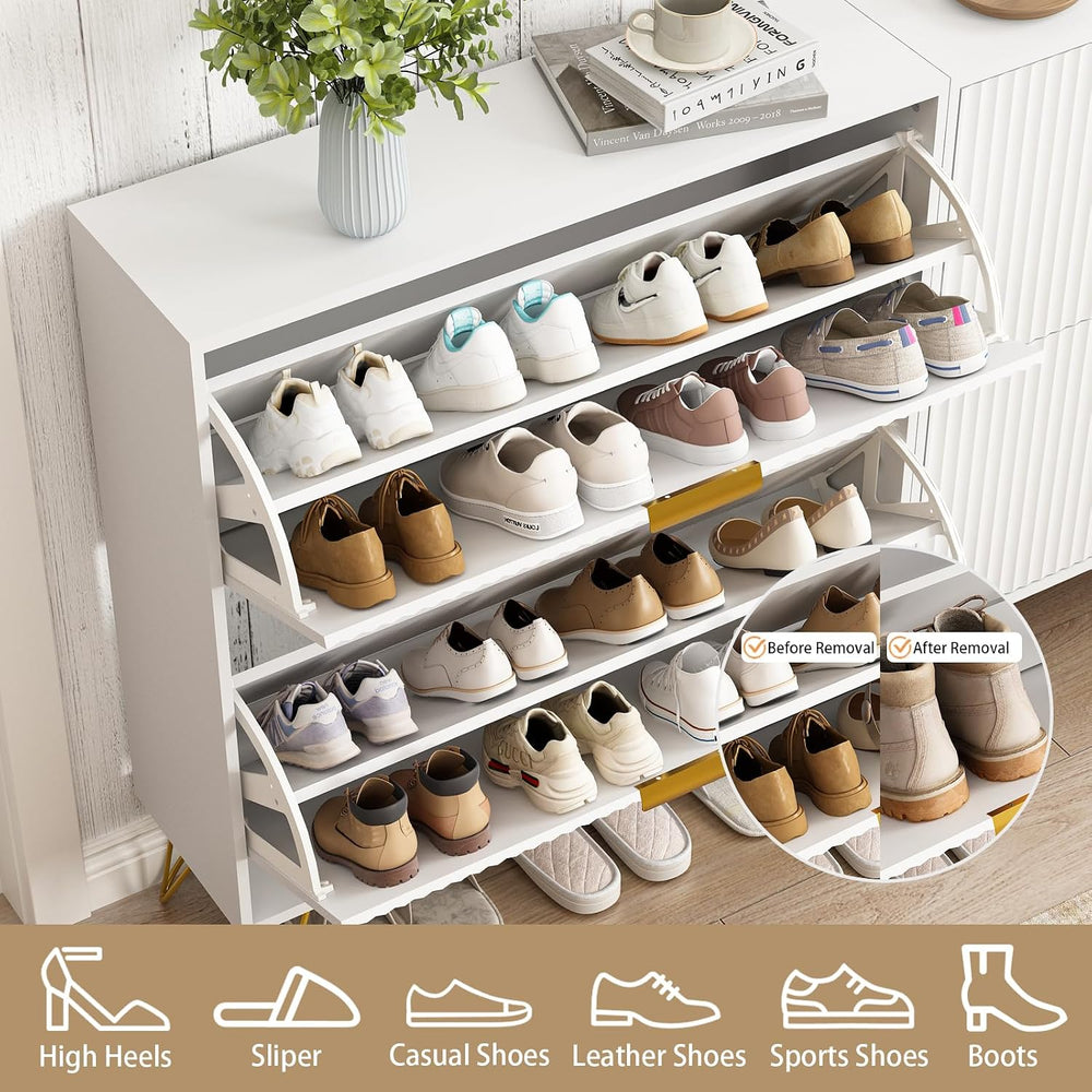Fluted Shoe Cabinet with 2 Flip Drawers, Gold Handle and Metal Legs, White丨Fl...