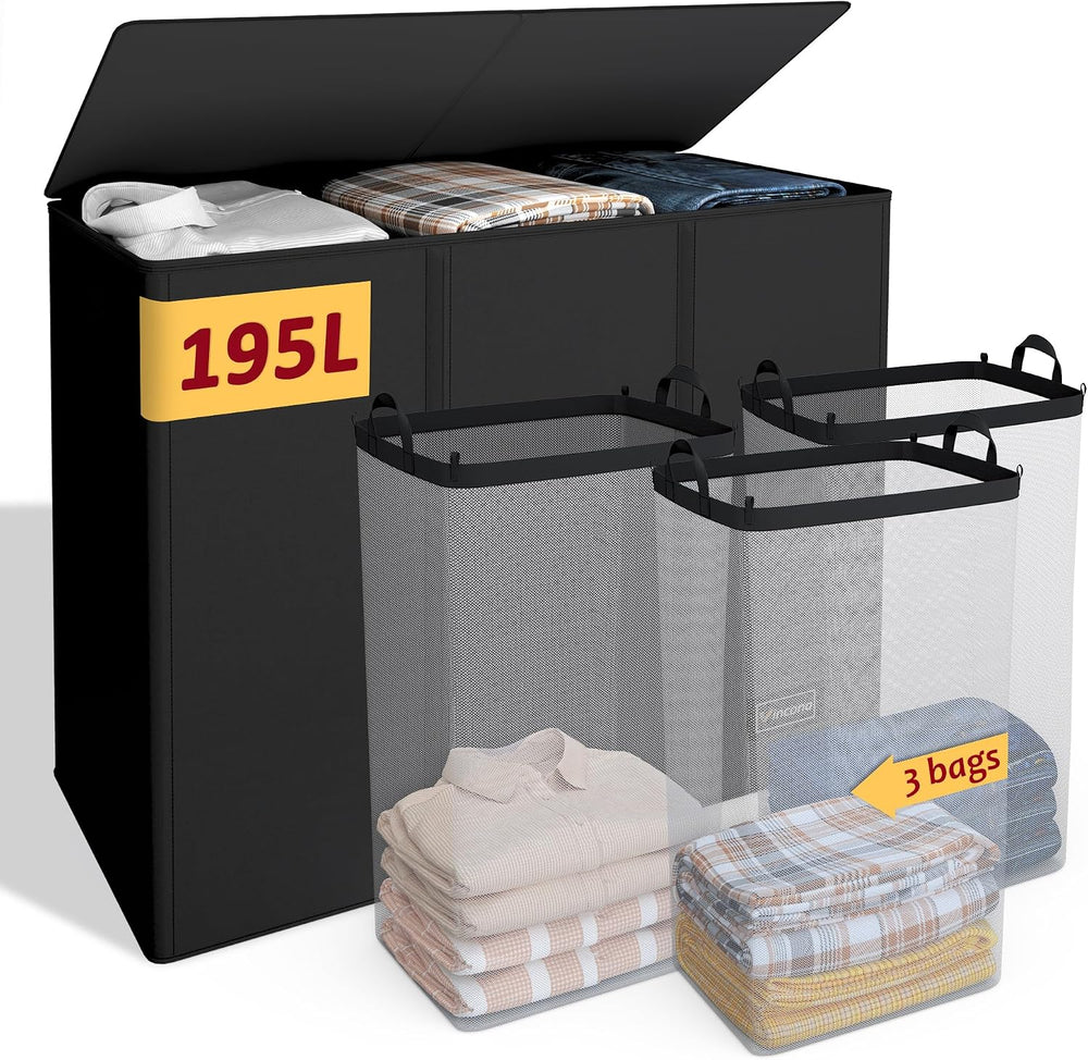 195L Laundry Hamper 3 Section,Large Laundry Hamper with Lid,Dirty Clothes Ham...