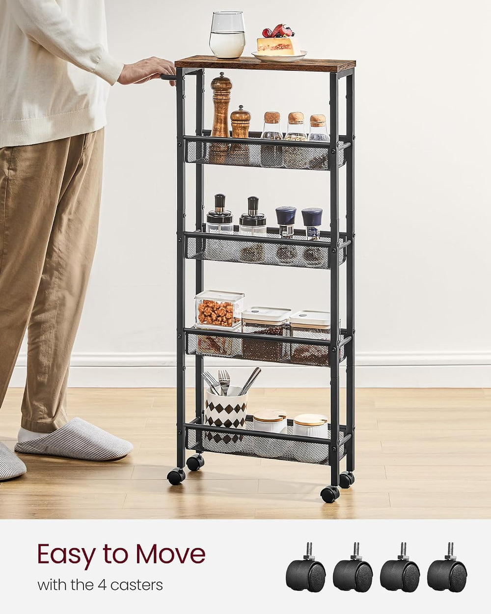 VASAGLE 5-Tier Slim Rolling Storage cart with Wheels, 5.1 Inches, Metal