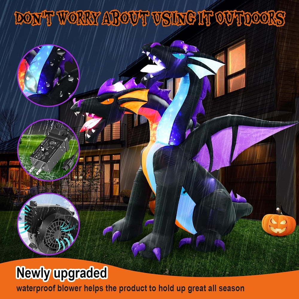 7FT Tall Halloween Inflatables Dragon with 2 Heads, Fire and Ice Blow Up Drag...