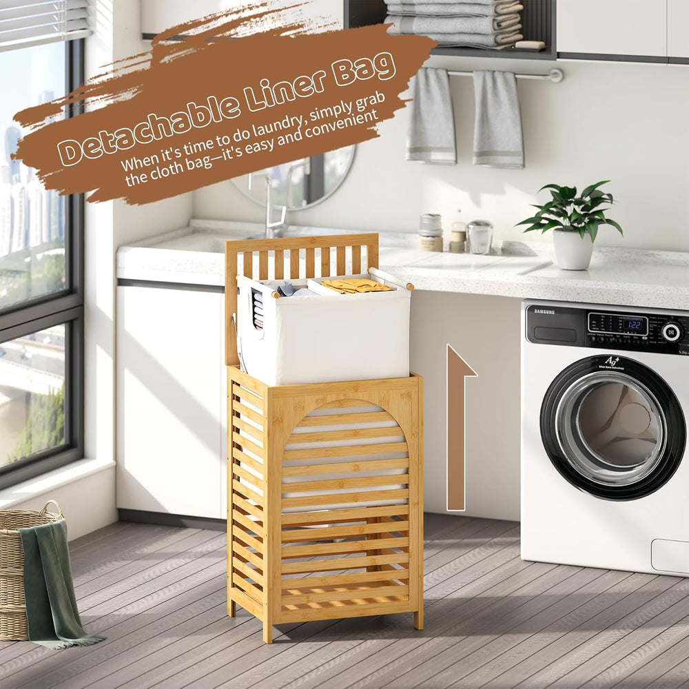Laundry Hamper with Lid (16.9 * 13 * 26.5inches) Large Bamboo Laundry Bin Bas...