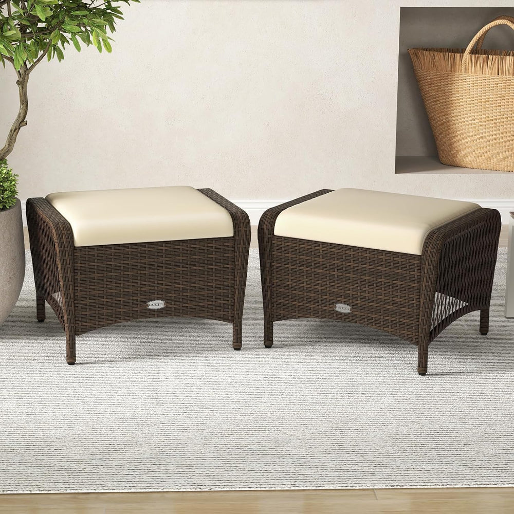 RELAX4LIFE 2-Piece Wicker Outdoor Ottoman - Rattan Footstools w/Removable Cus...