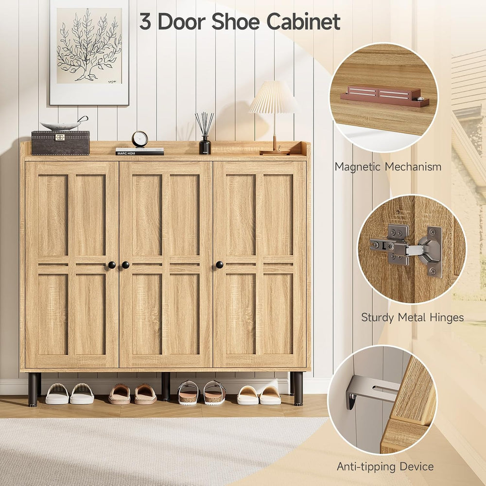 ONBRILL Large Shoe Cabinet with 3 Doors & Adjustable Shelves (Natural Oak)
