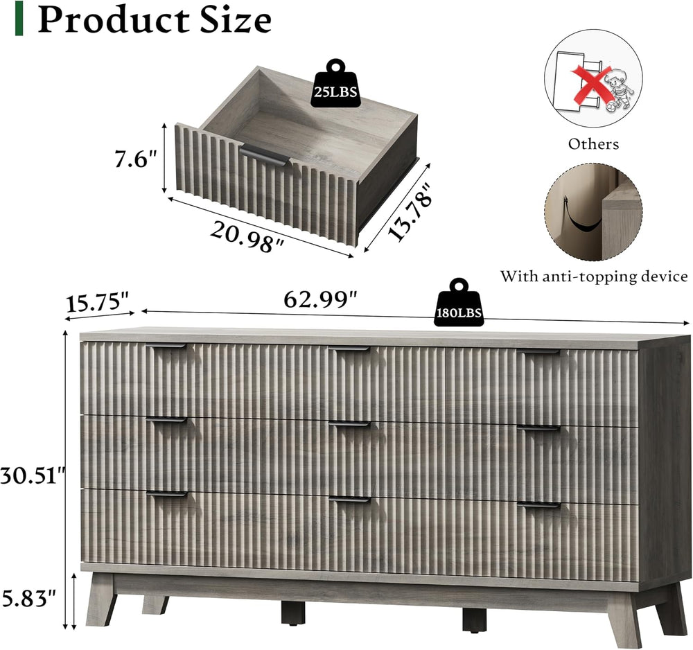 Xixini Fluted Dresser with 9 Drawers, 63" Wide Wood Chest of Drawers wit...