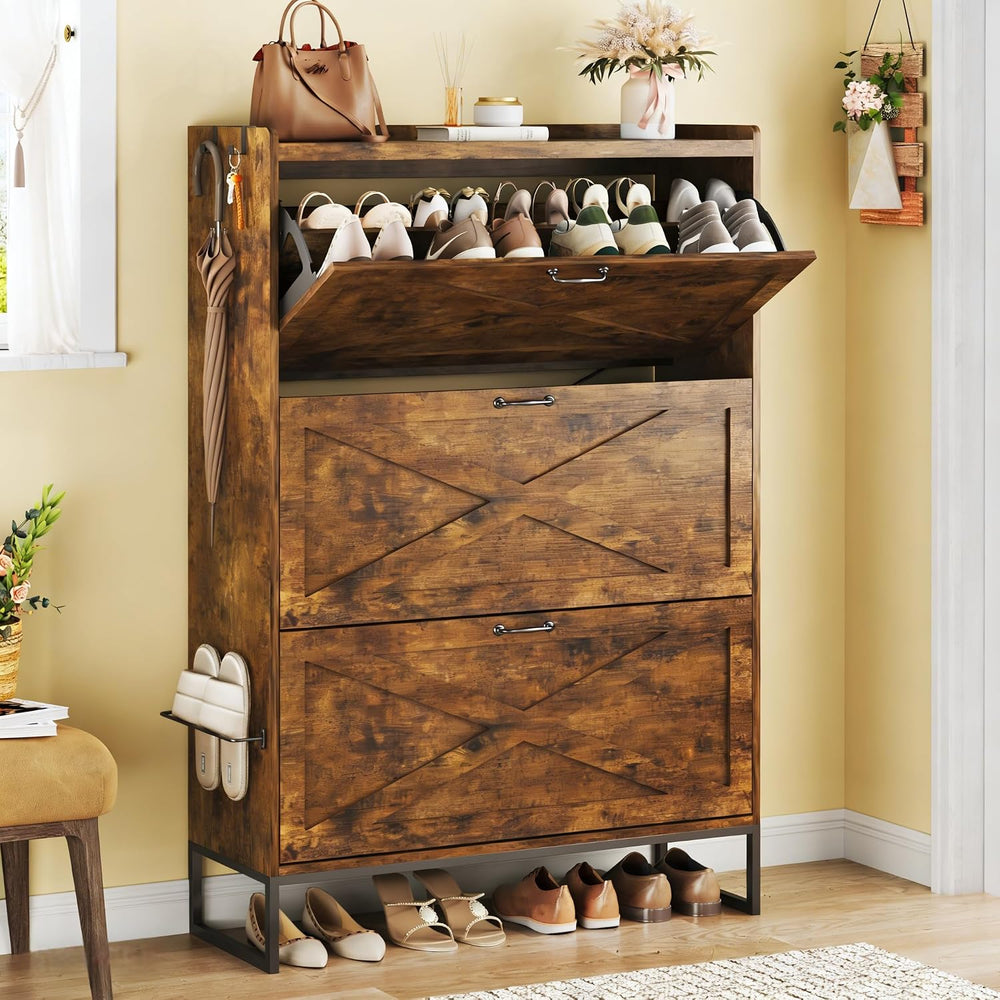 HUAHUU Shoe Cabinet with 3 Flip Drawers, Narrow Shoe Rack Cabinet, Freestandi...