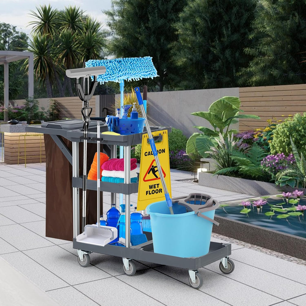 Commercial Janitorial Cleaning Cart on Wheels - Black Housekeeping Caddy with...