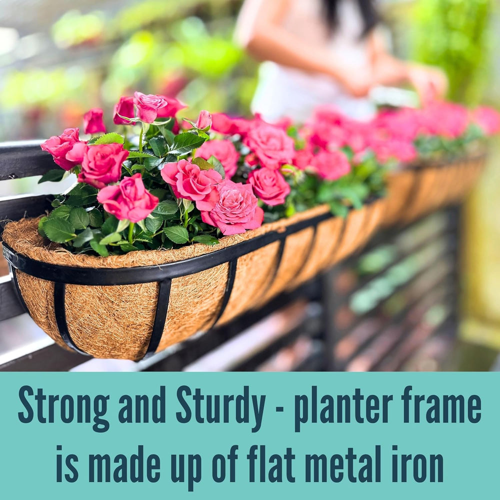 LaLaGreen Railing Planter Box (24 Inch, 4 Pack) Black Metal Rectangular Hangi...