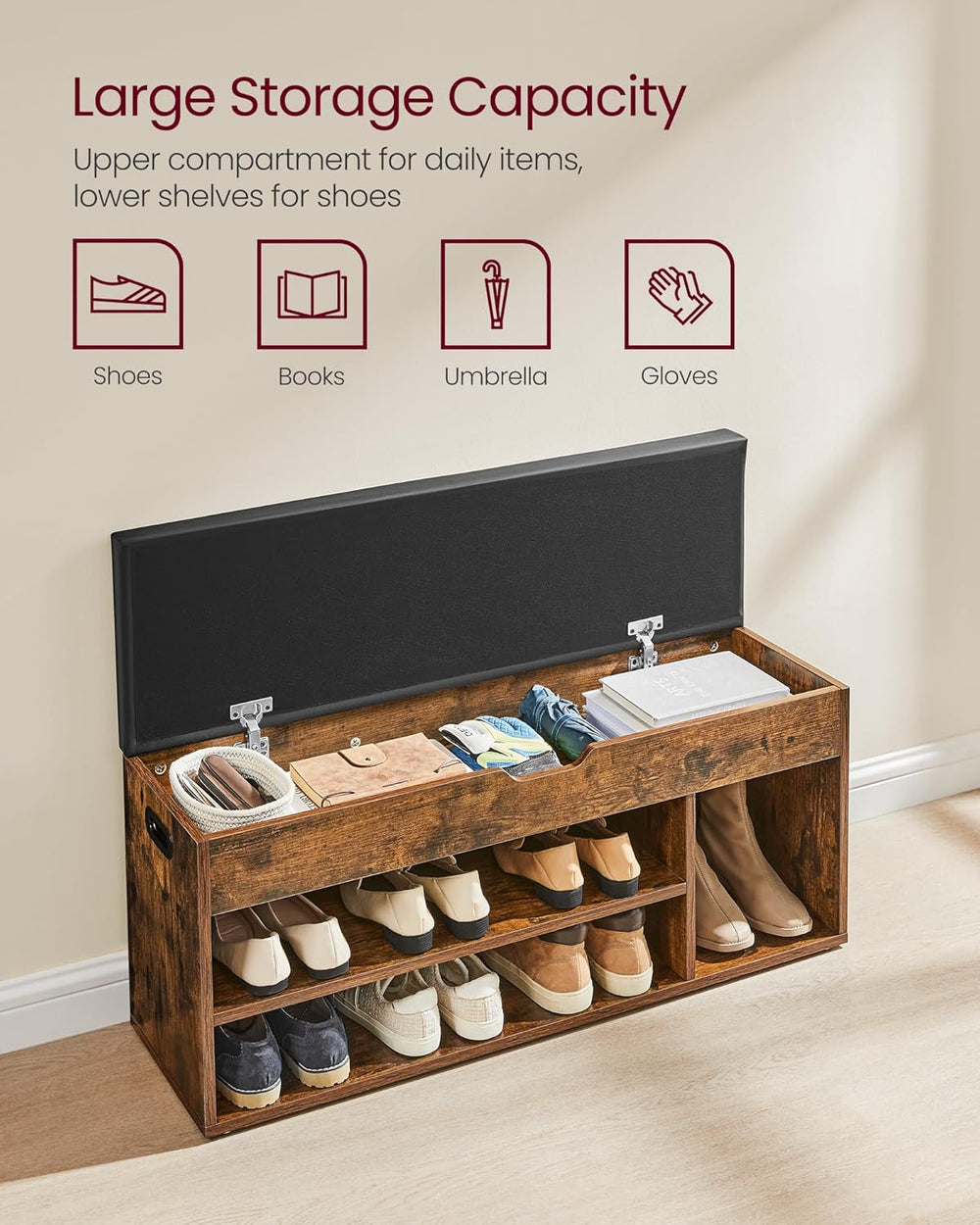 VASAGLE Storage Bench with Cushion, Shoe Bench, 11.8 x 39.4 x 17.3 Inches