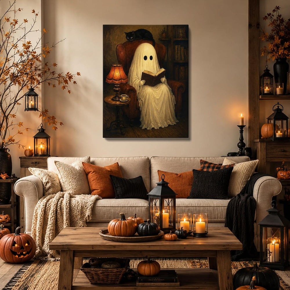 Halloween Canvas Wall Art, Reading Ghost with Black Cat Halloween Pictures