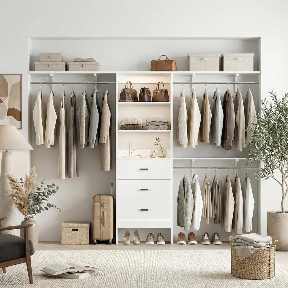 iSunirm 96" Wall Mounted Closet System with LED, Walk-In Style Wood Clos...