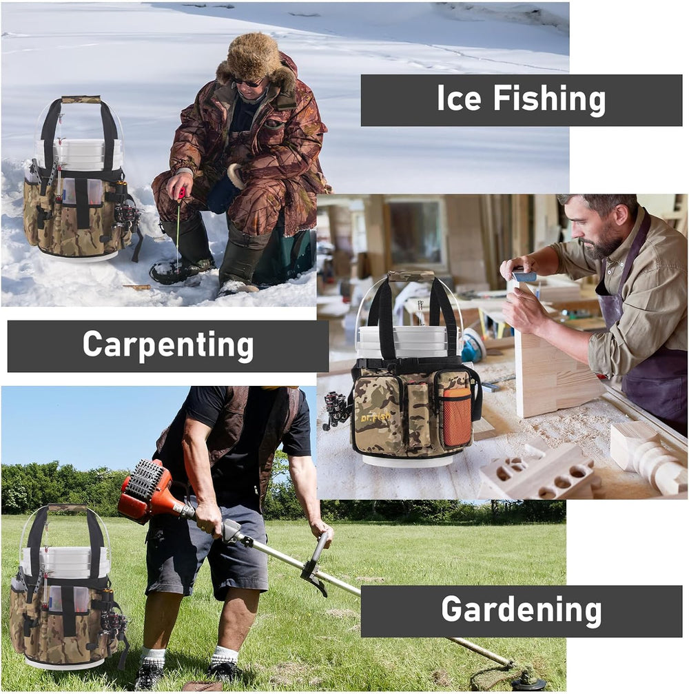 Dr.Fish 5gal Bucket Organizer, Ice Fishing Tackle Bag 6 Pocket Rod Holders