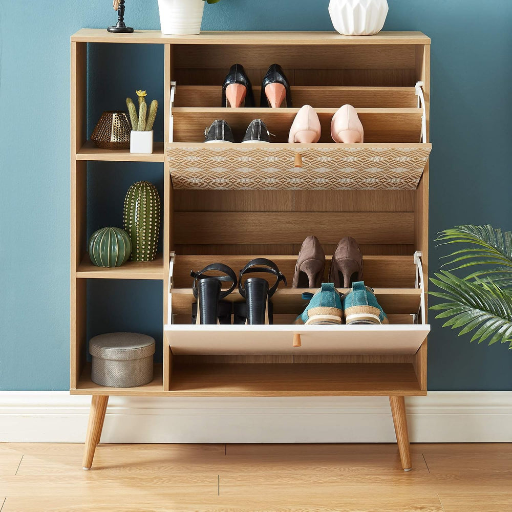 BAÏTA LEIKA Shoe Cabinet, White and Oak, 80 x 23.5 x 97.5 cm
