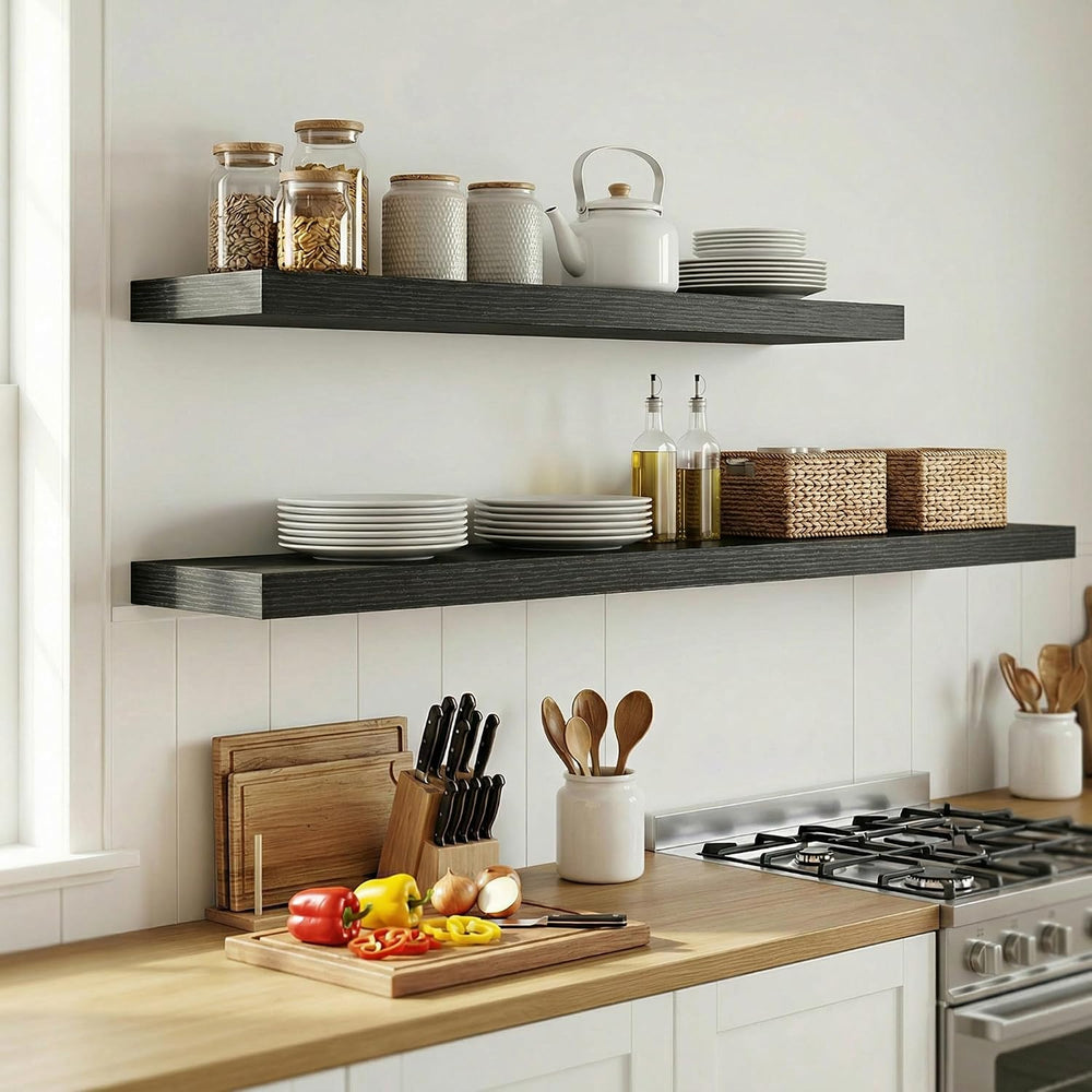 Venusmiles 12 inch Deep Floating Shelves for Wall, 55" Wide, Black, 2-Pack