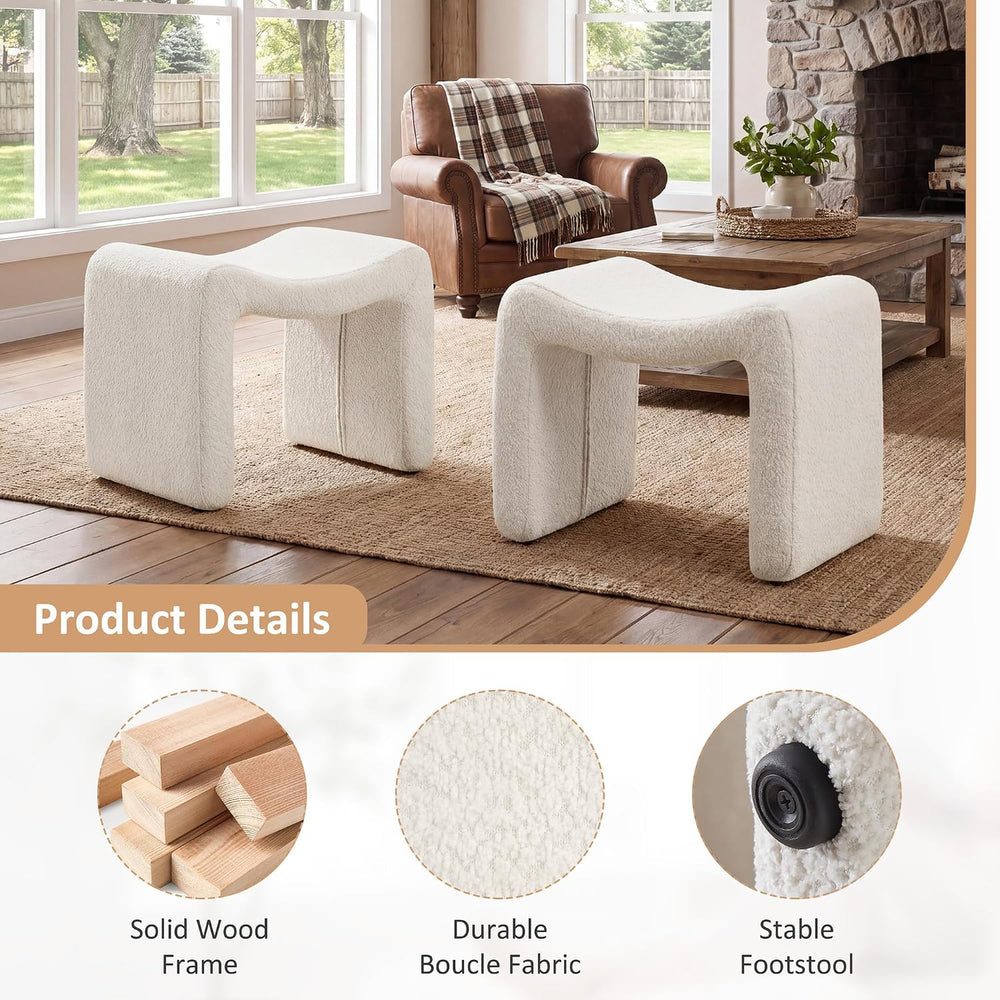 Modern Boucle Ottoman, Vanity Stool Chair, Foot Stool with Wooden Legs Sofa B...