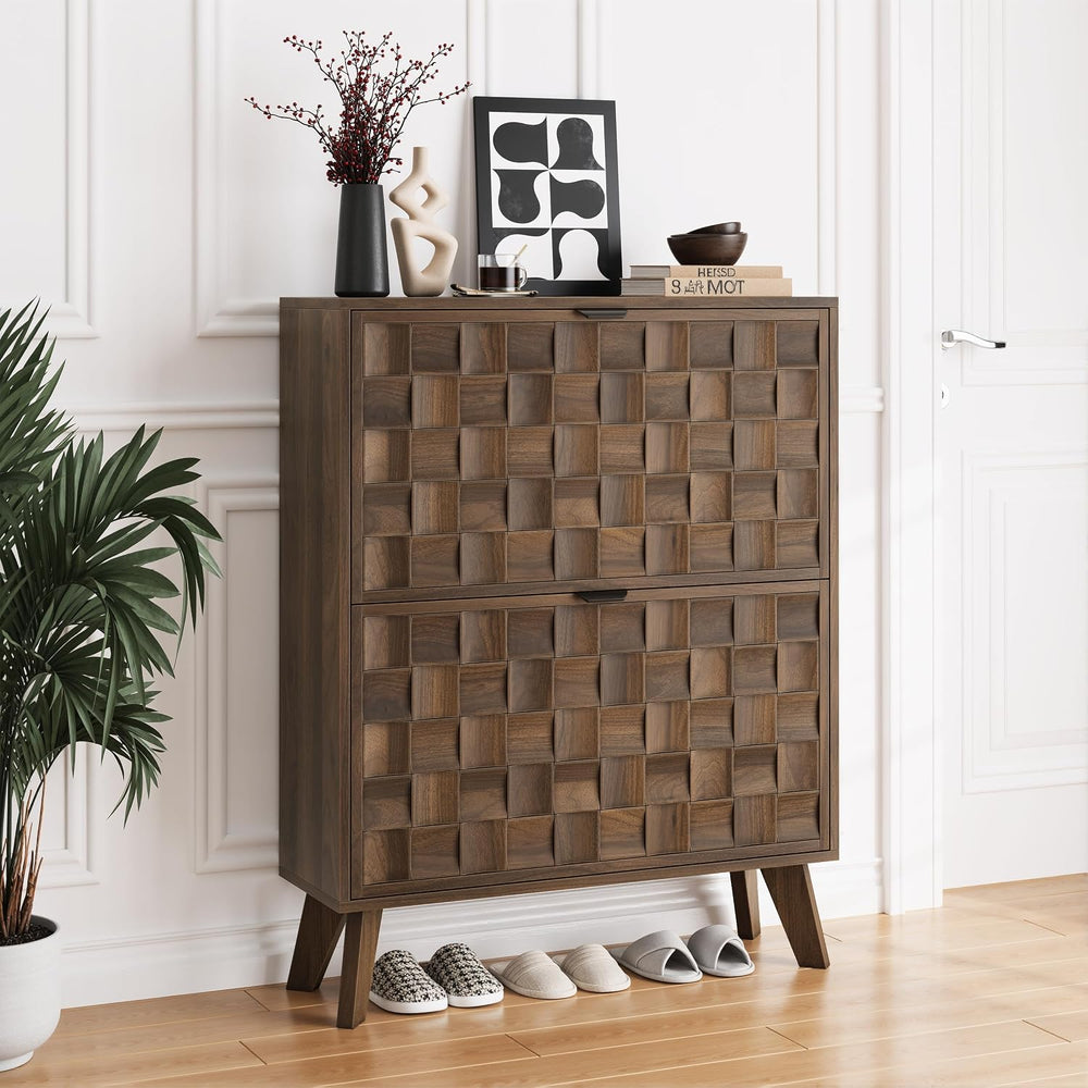 Smuxee Walnut Shoe Cabinet with 2 Flip Drawers, 29.6" Hidden Shoe Storag...