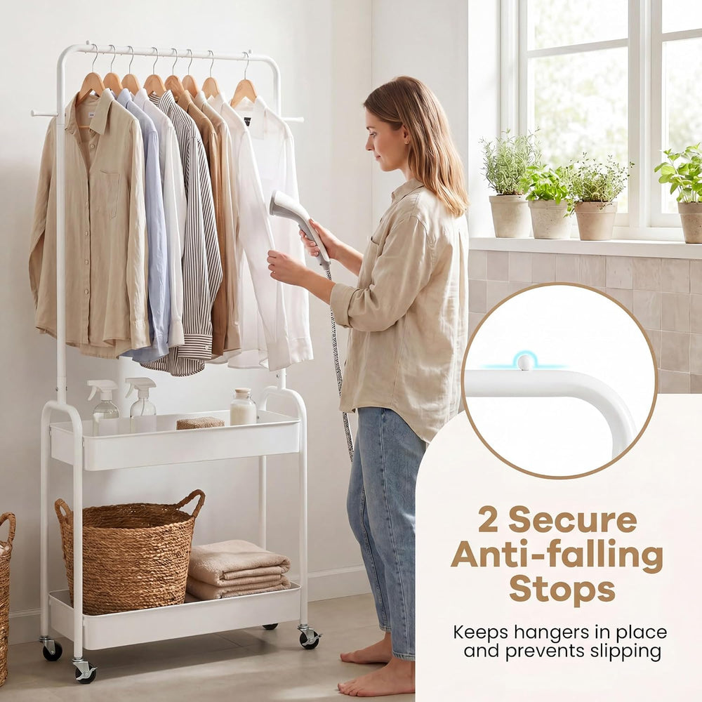 COSTWAY 3 in 1 Rolling Metal Clothes Rack with 2 Baskets & Hooks (White)
