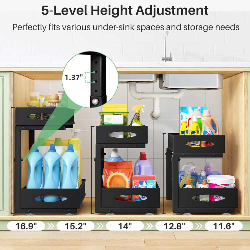 Under Sink Organizer, 2 Pack 2 Tier Pull out Cabinet Organizer Baskets with M...
