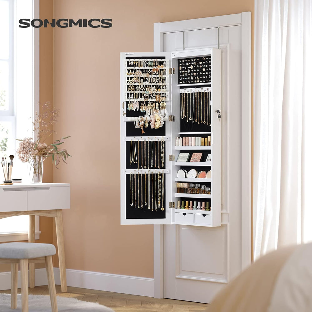 SONGMICS 6 LEDs Mirror Jewelry Cabinet, 47.2-Inch Tall Lockable Wall or Door ...
