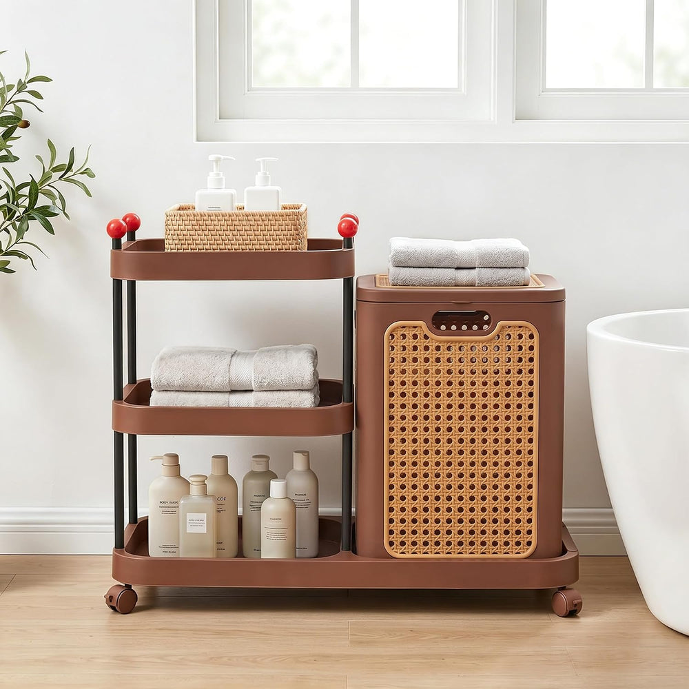 VECELO Rattan-Style Rolling Laundry Hamper Cart, 3-Tier Storage Shelf with Wh...