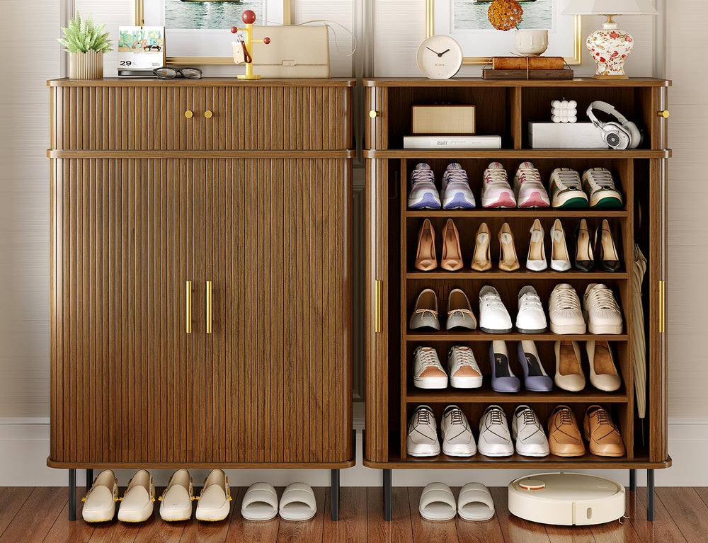 DreamDashio 5-Tier Shoe Cabinet with Tambour Sliding Door, Set of 2, Walnut