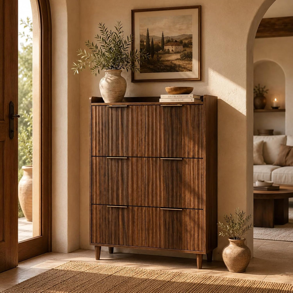 VINGLI Fluted Shoe Storage Cabinet for Entryway with 3 Flip Drawers, Narrow S...