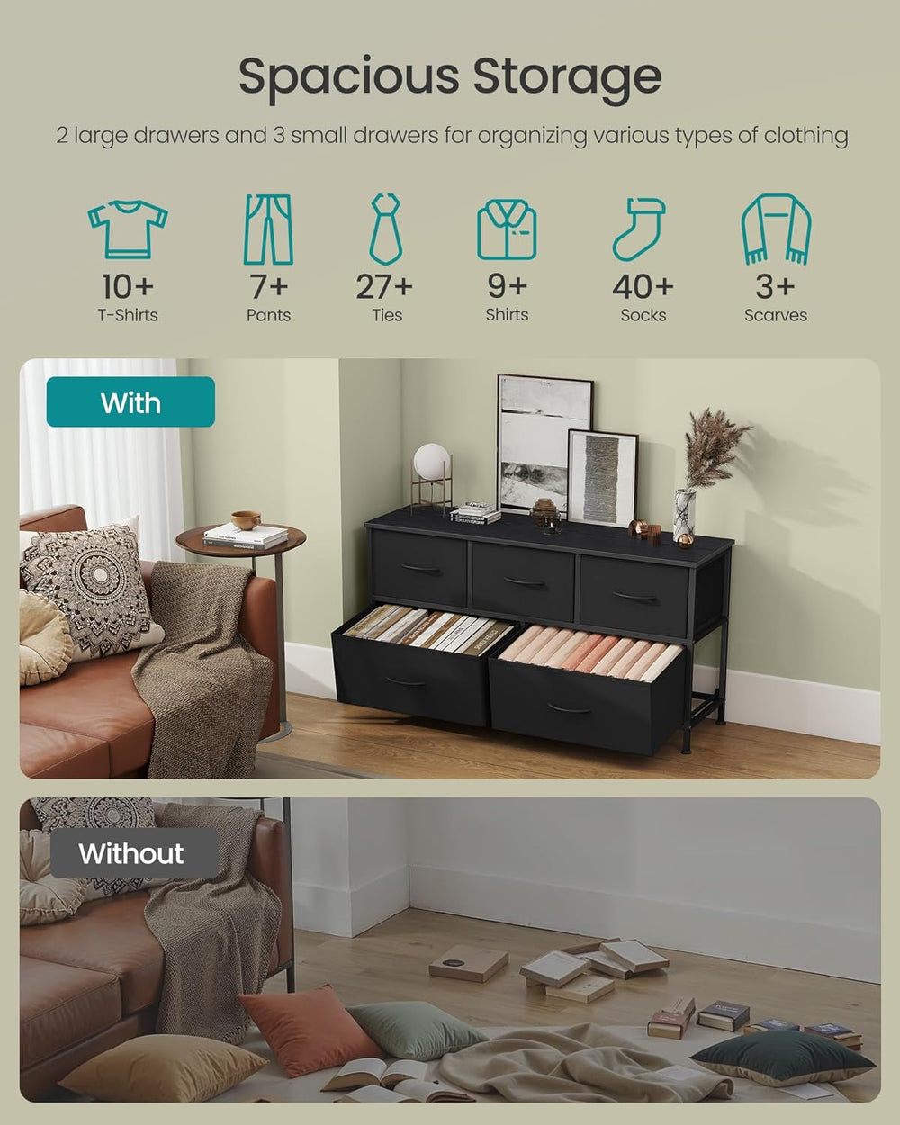 SONGMICS Dresser for Bedroom, Wide Dresser with 5 Fabric Drawers