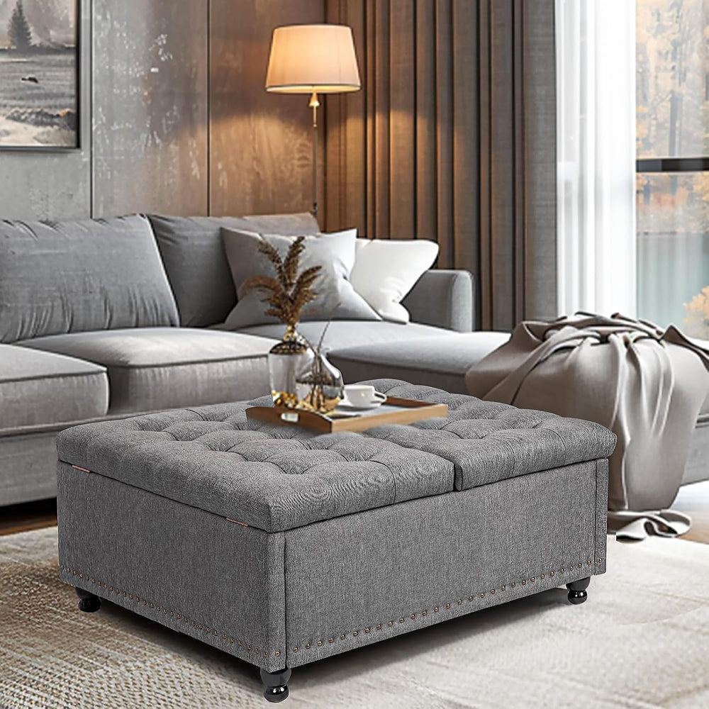 Redlife 35 Inch Large Square Storage Ottoman, Coffee Table Ottoman, Linen