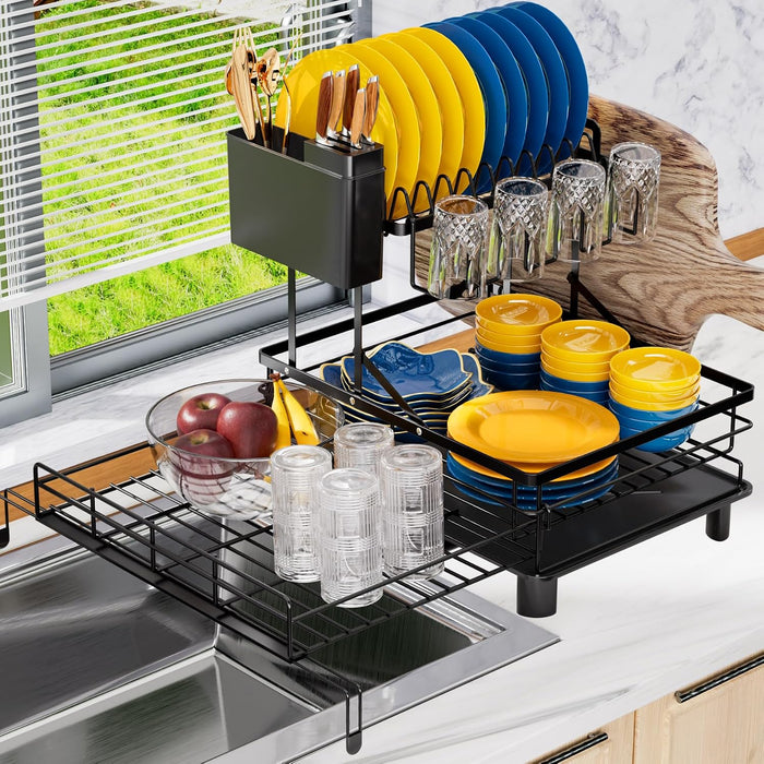 2 Tier Dish Drying Rack - Expandable Dish Rack Over Sink, 304 Stainless Steel Dish Rack for Kitchen Counter, Dish Drainer w Utensil Holder, Drainboard & Cups Holder, Anti-Rust & Space Saving