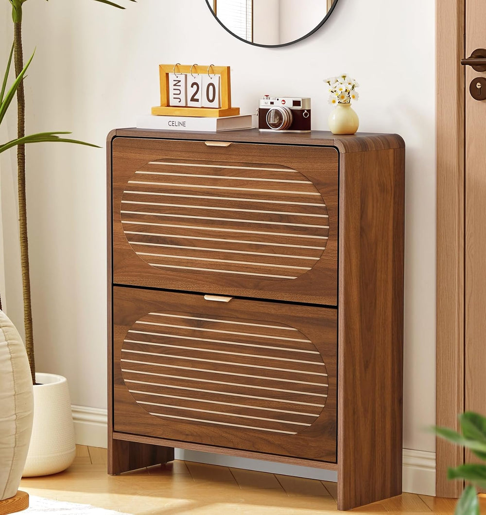 Narrow Shoe Storage Cabinet for Entryway with 2 Flip Drawers, Freestanding Wo...