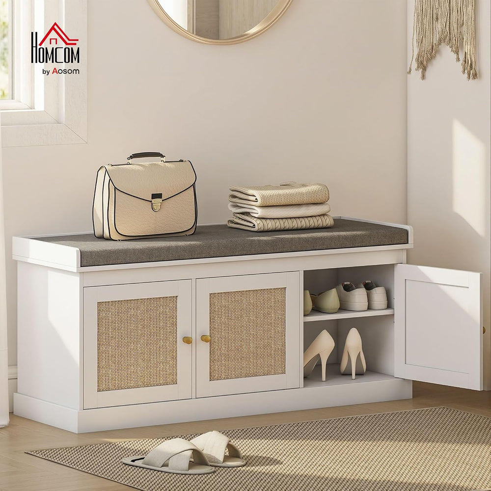 HOMCOM Shoe Bench Storage Rattan Doors 13.8 x 41.3 x 18.5 Inches White