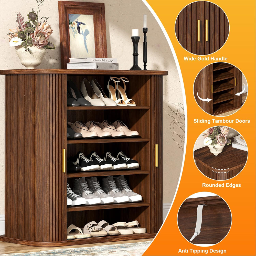 UNIQUITE 5-Tier Sliding Door Shoe Cabinet, Adjustable Shelves Wooden Shoe Sto...