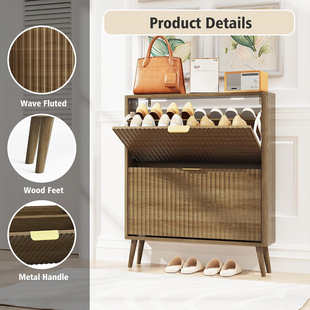 KIGOTY Narrow Shoe Storage Cabinet, Shoe Cabinet with 2 Flip Drawers, Freesta...