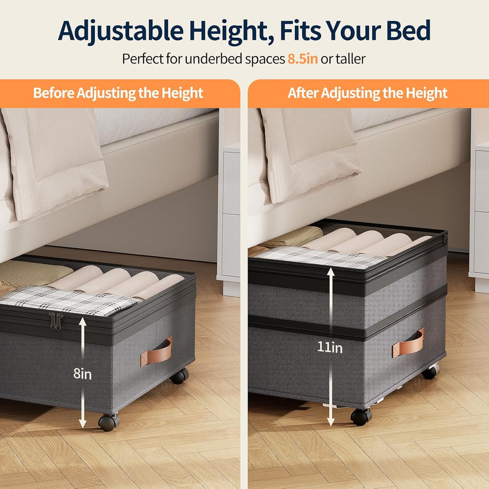 Yecaye 90L Under Bed Storage with Wheels, Height Adjustable, 2 Pack, Grey