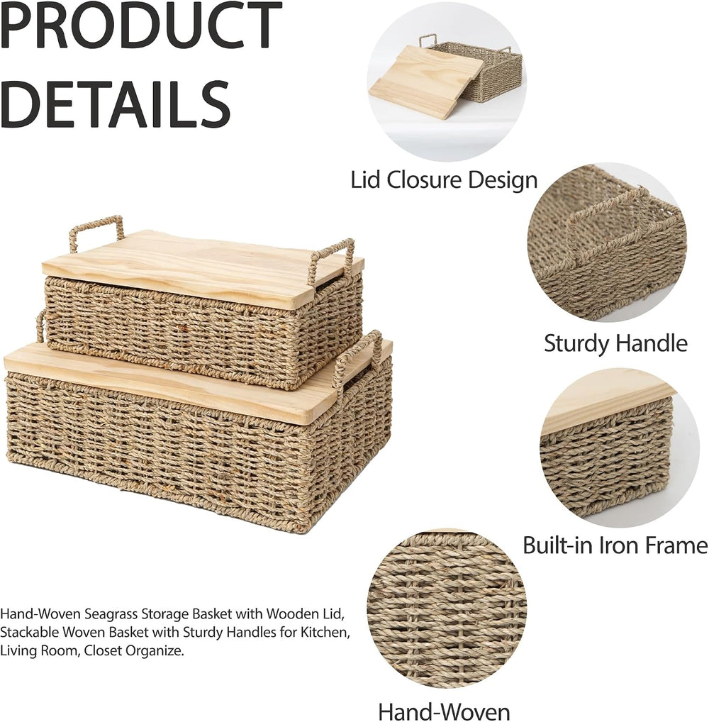 Woven Seagrass Wicker Storage Basket Set of 2 with Wooden Lids
