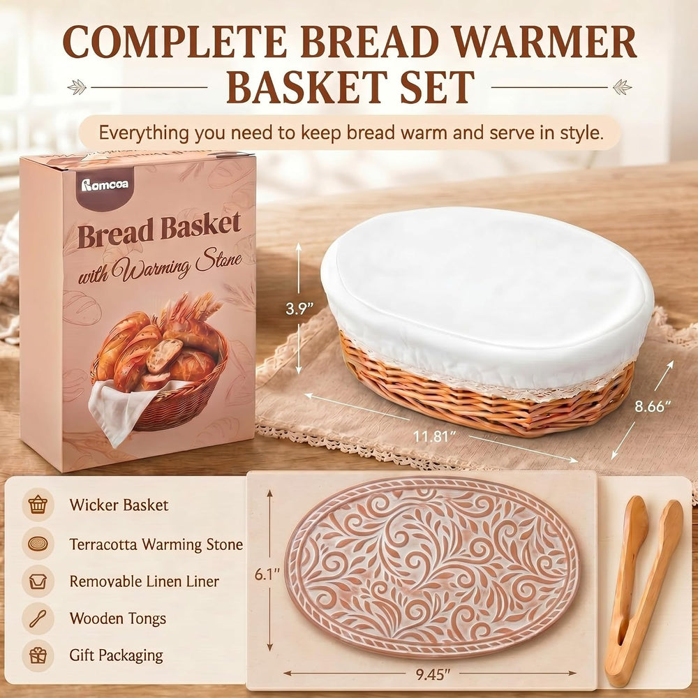 Bread Warmer Basket with Stone Wicker Bread Basket for Serving Tortilla Warme...