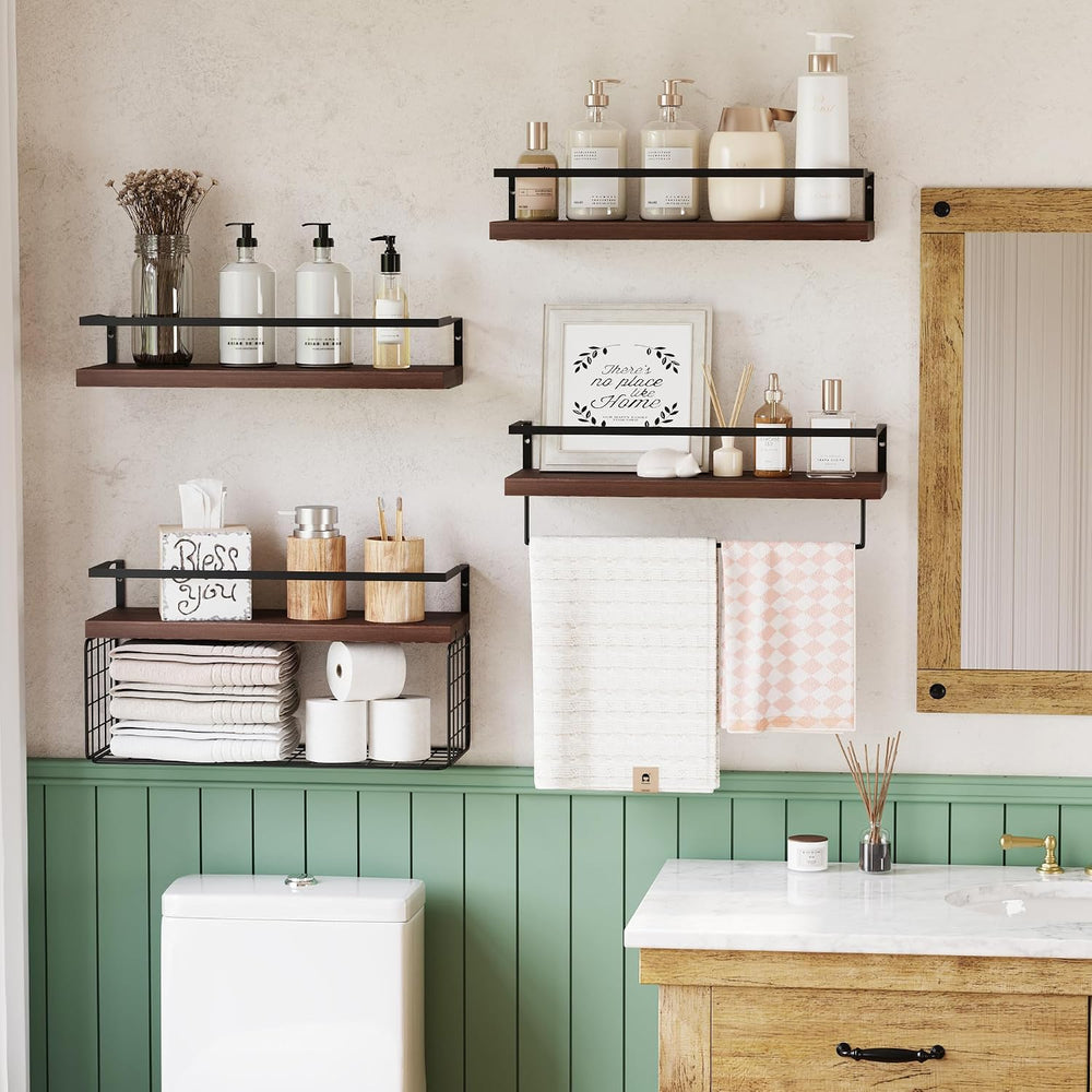 Bathroom Floating Shelves Wall Mounted - 4+1 Tier Rustic Wooden Bathroom Wall...