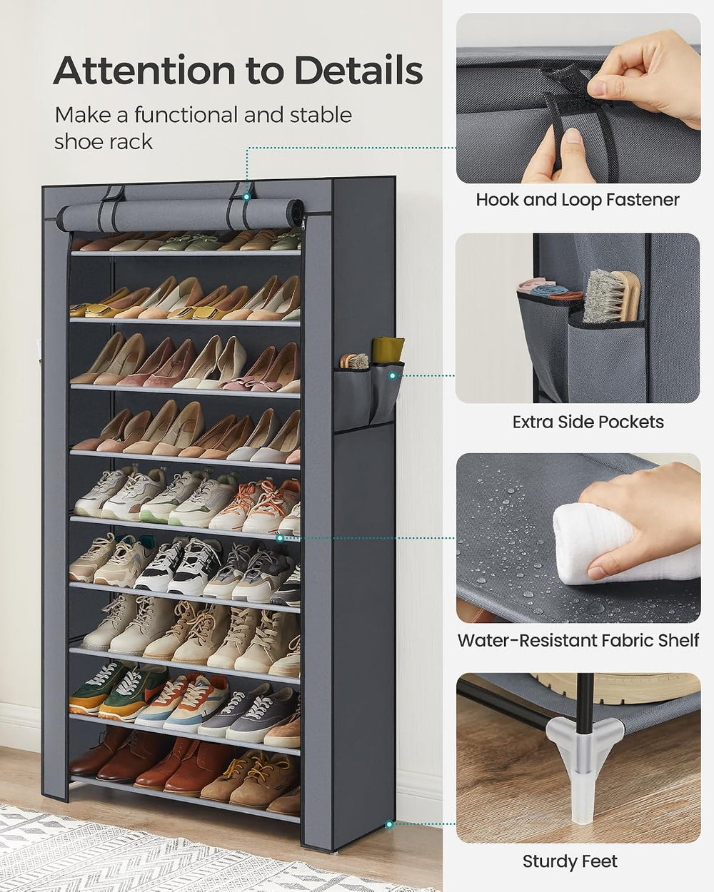 SONGMICS 10-Tier Shoe Rack with Cover, Shoe Storage Cabinet for 40-50 Pairs