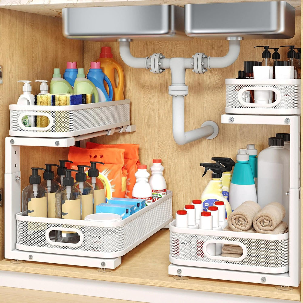 2 Pack Under Sink Organizer With Smooth Cylindrical Rail,2-Tier Pull Out Mult...